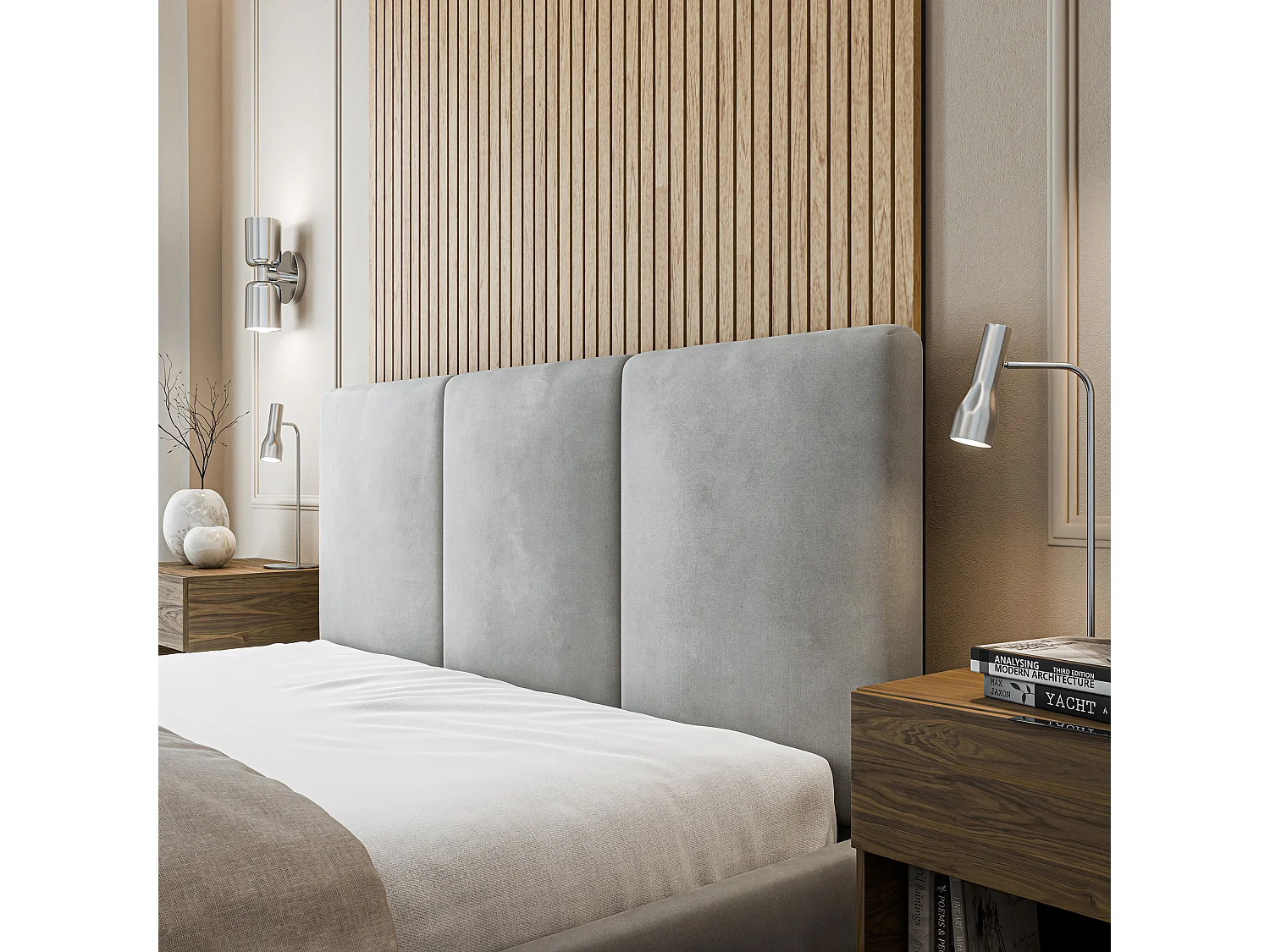 Gestoffeerd bed AZURI 180x200 cm - Fluwelen stof - Lichtgrijs