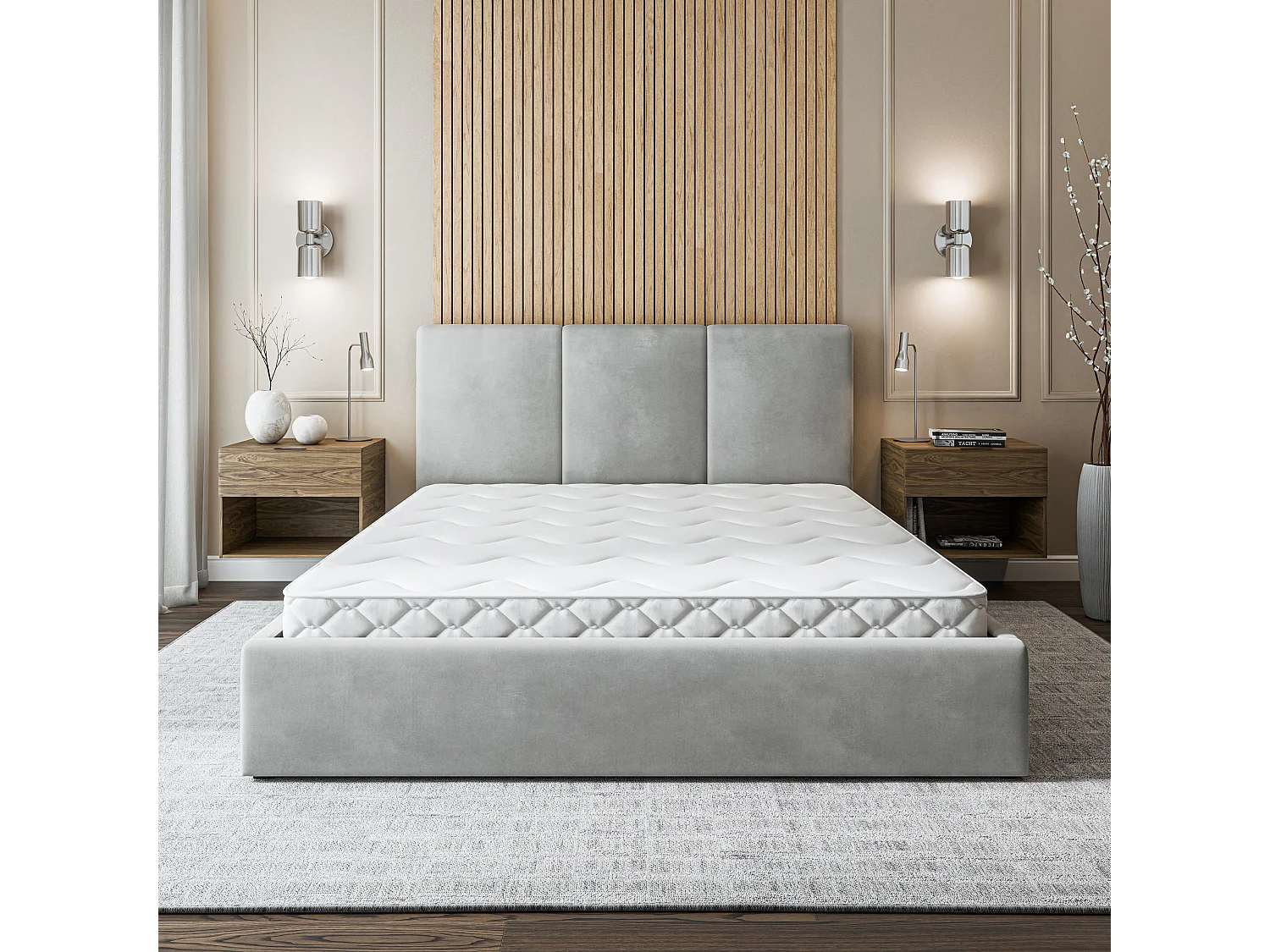 Gestoffeerd bed AZURI 180x200 cm - Fluwelen stof - Lichtgrijs