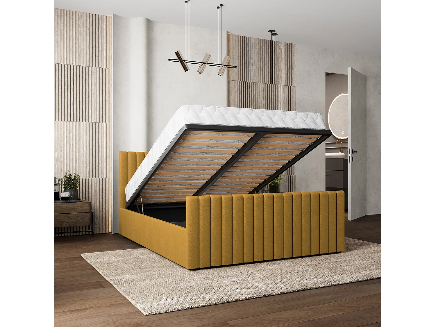 Lit Coffre CANOVA 160x200 cm - Tissu peluche - Jaune