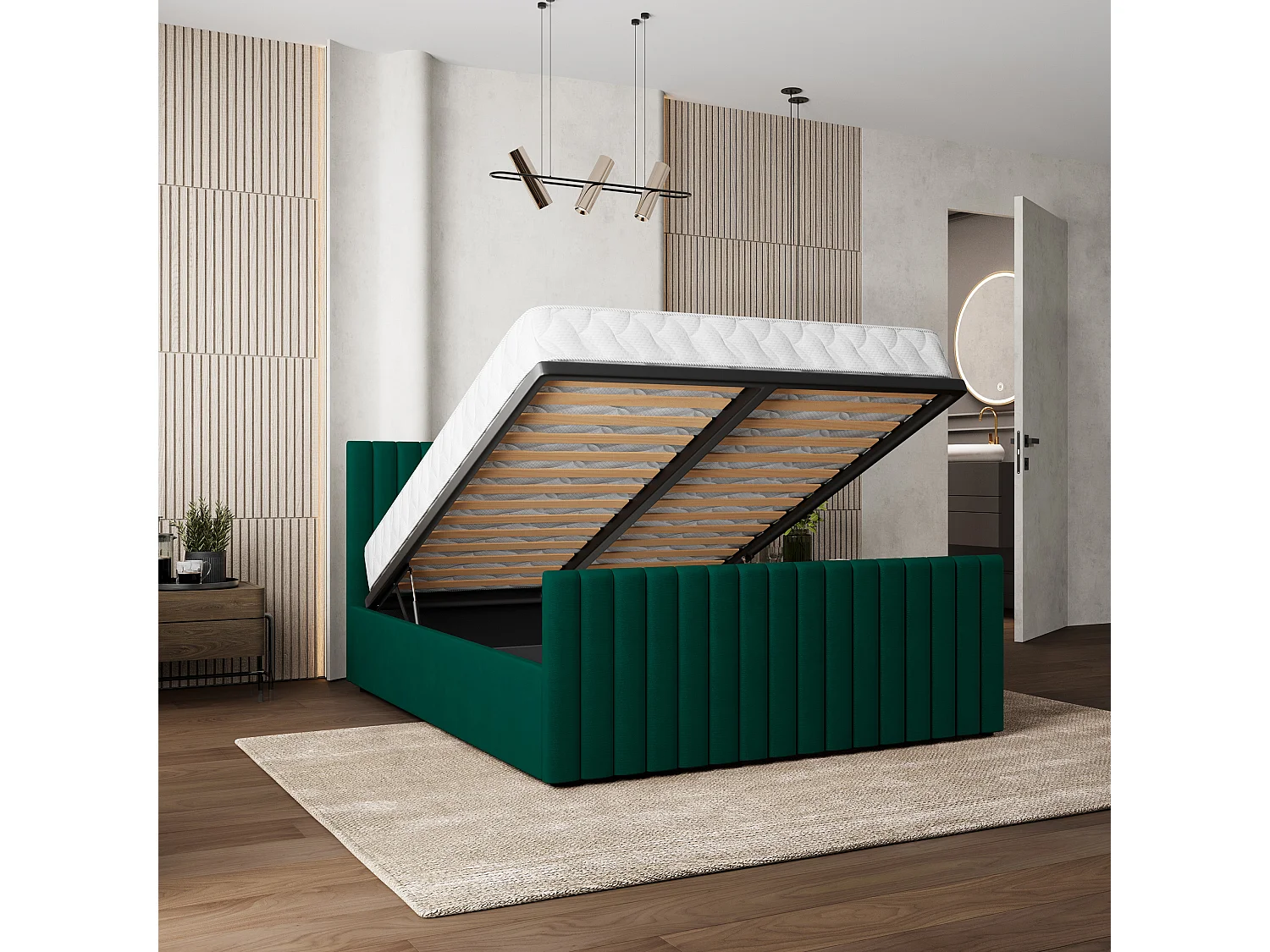 Gestoffeerd bed CANOVA 160x200 cm - Pluche stof - Flessengroen