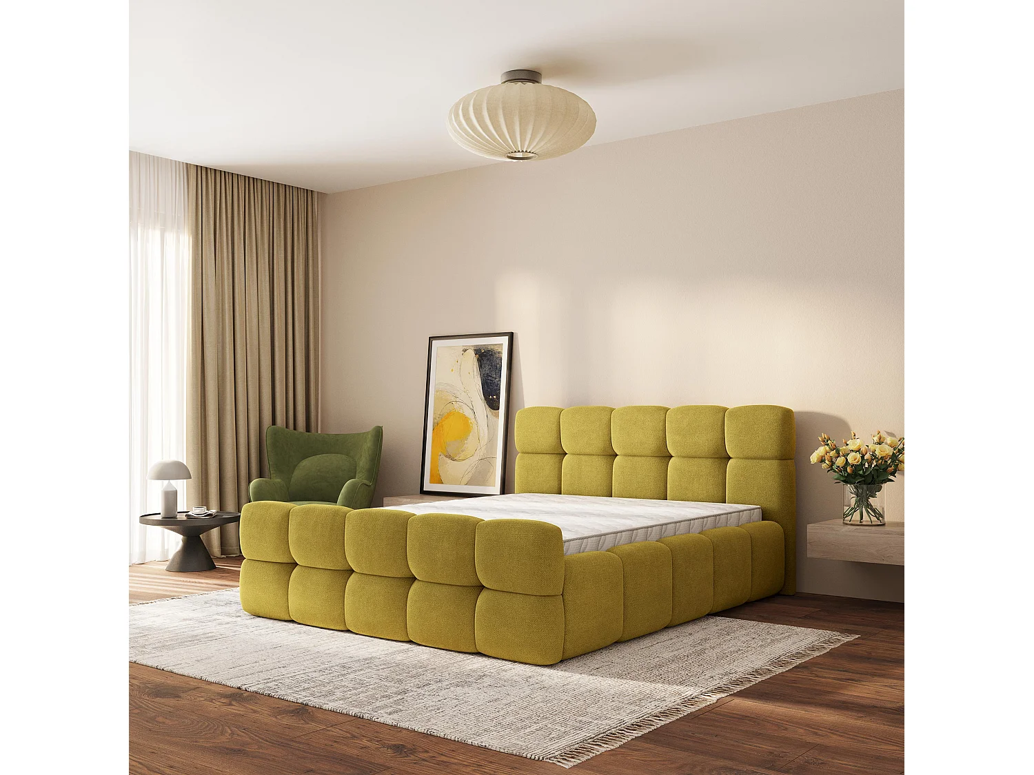 Lit Coffre ELIZJA 120x200 cm - Tissu tissé - Jaune