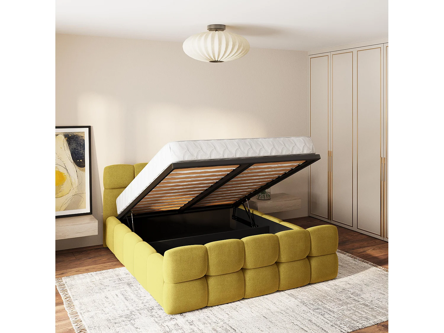 Lit Coffre ELIZJA 120x200 cm - Tissu tissé - Jaune