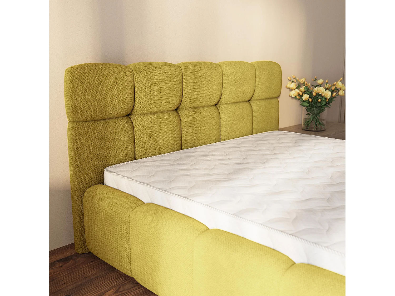 Lit Coffre ELIZJA 120x200 cm - Tissu tissé - Jaune