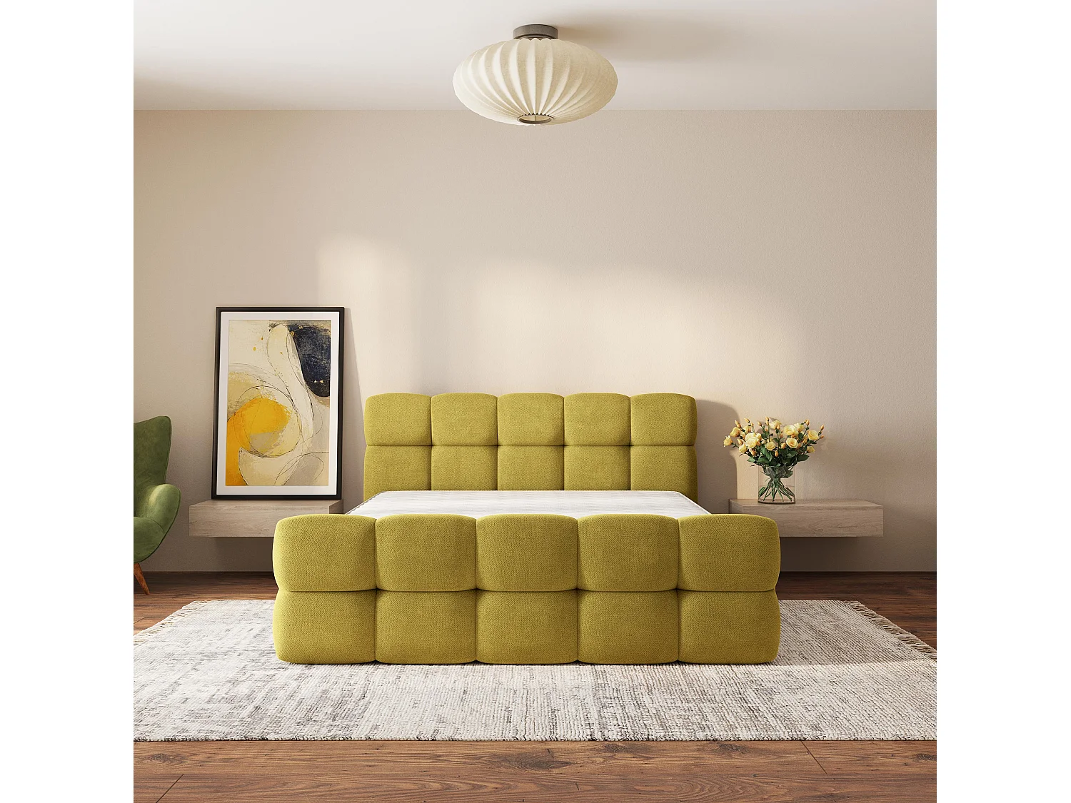 Lit Coffre ELIZJA 120x200 cm - Tissu tissé - Jaune