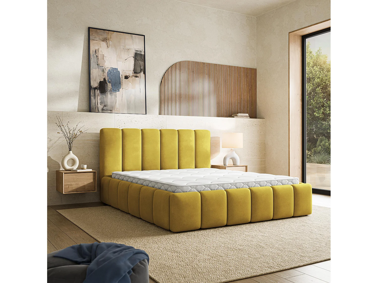 Lit Coffre RANIS 140x200 cm - Tissu velours - Jaune