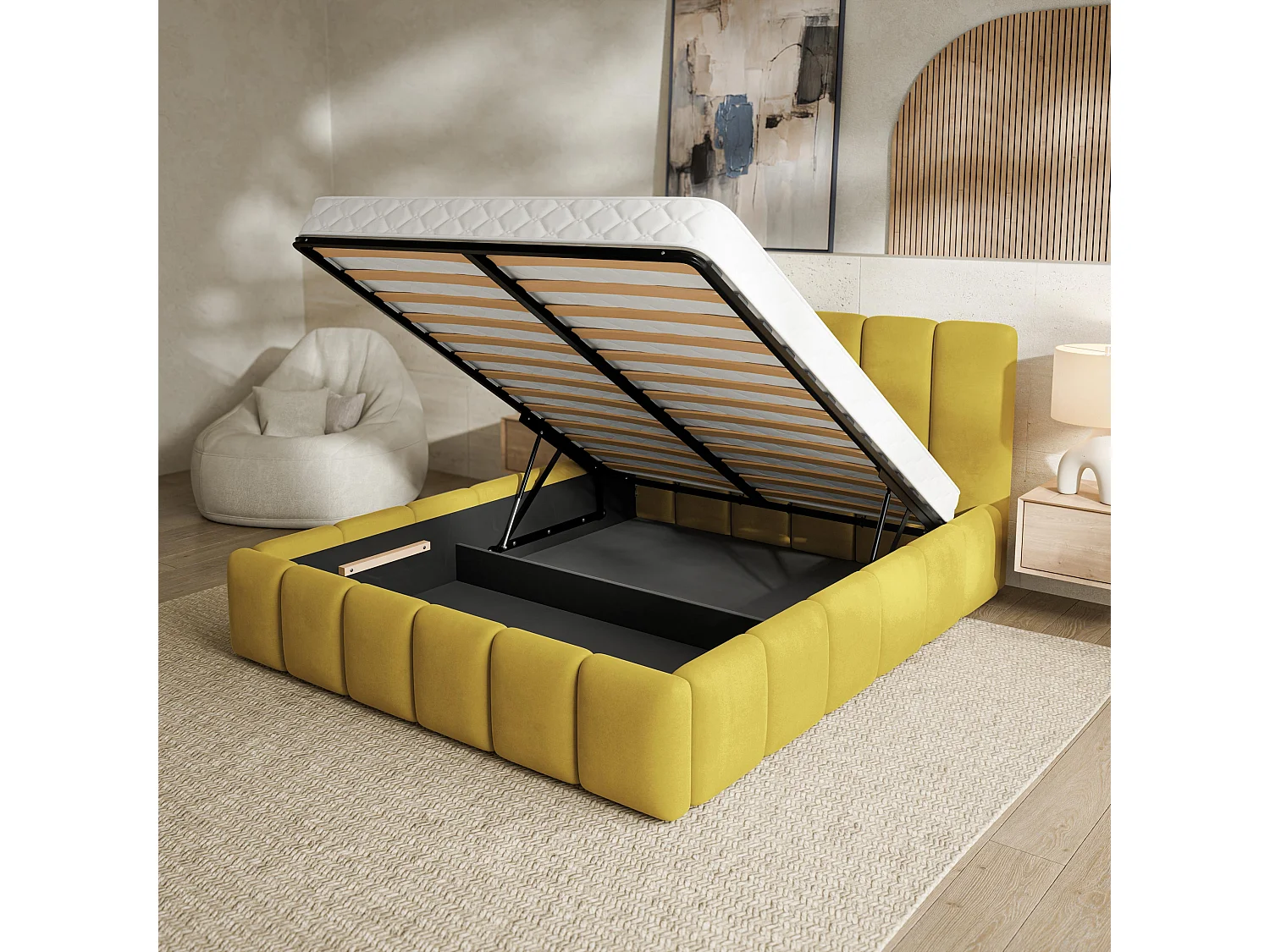 Lit Coffre RANIS 140x200 cm - Tissu velours - Jaune