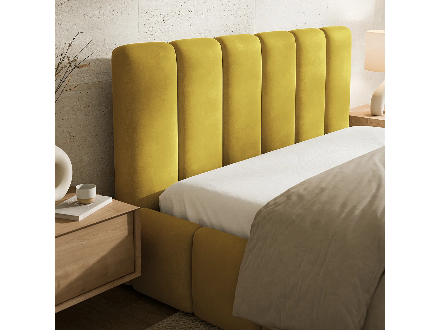 Lit Coffre RANIS 140x200 cm - Tissu velours - Jaune