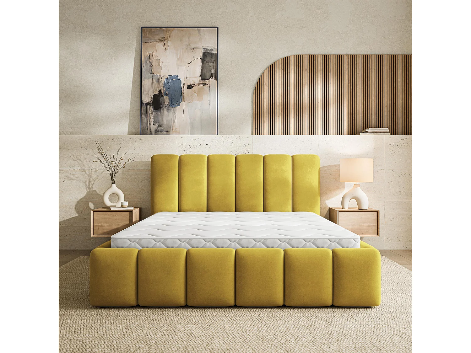 Lit Coffre RANIS 140x200 cm - Tissu velours - Jaune