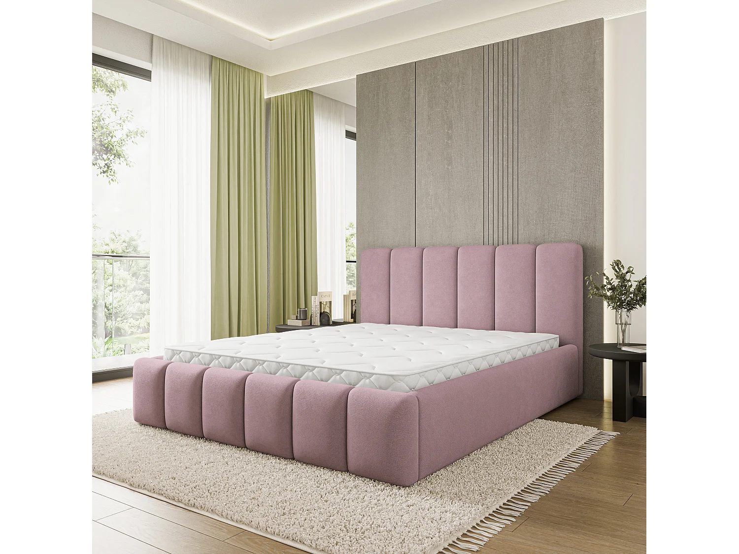 Gestoffeerd bed ATTORA 200x200 cm - Geweven stof - Poederroze