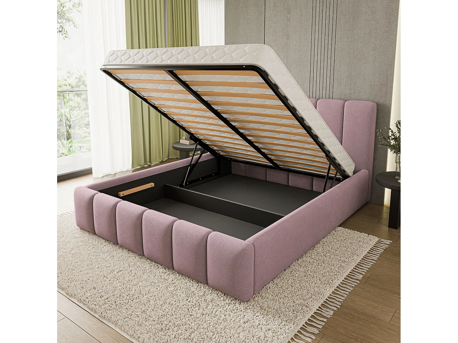 Gestoffeerd bed ATTORA 200x200 cm - Geweven stof - Poederroze