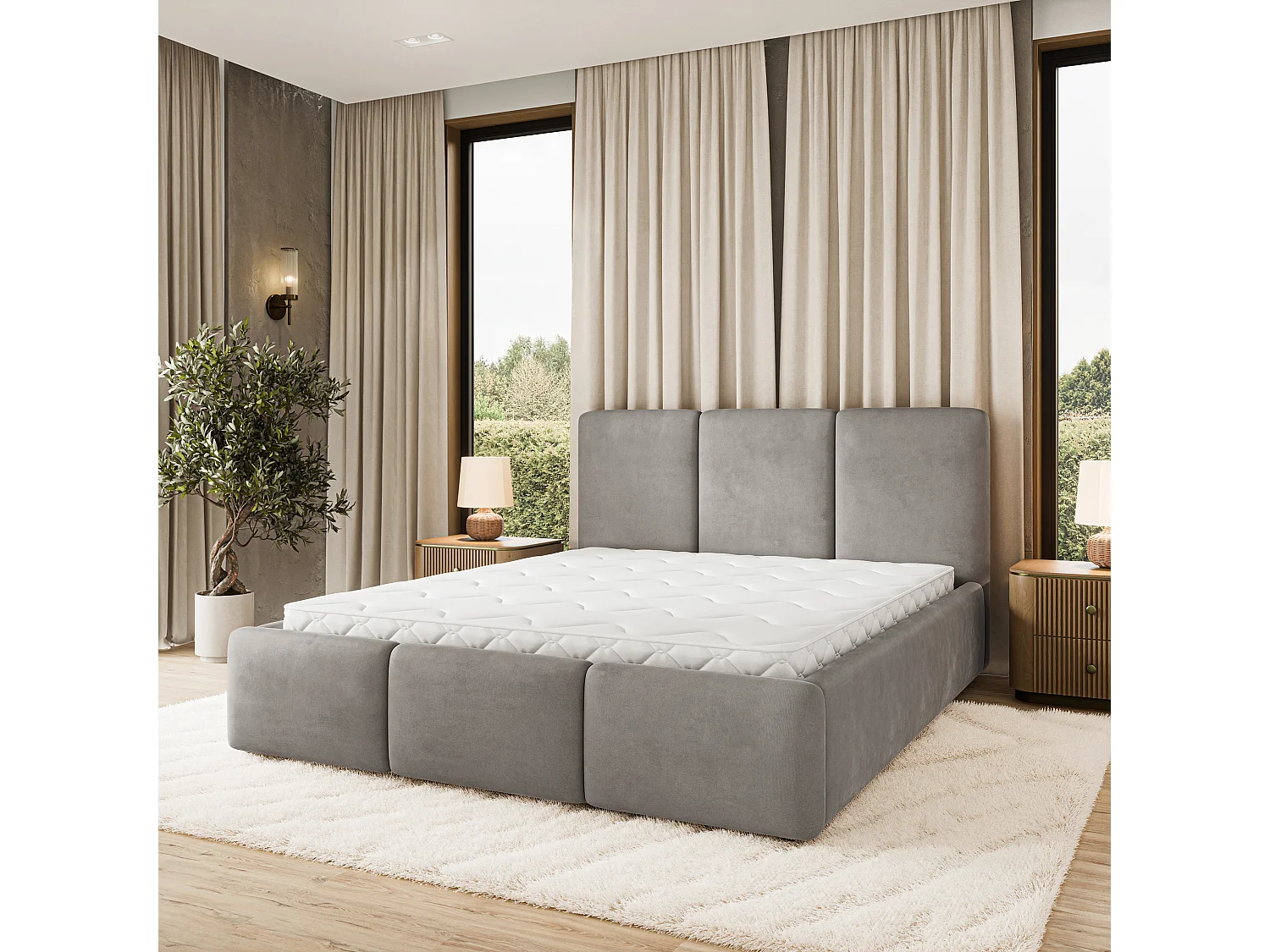 Gestoffeerd bed MORENA 180x200 cm - Fluwelen stof - Grijs