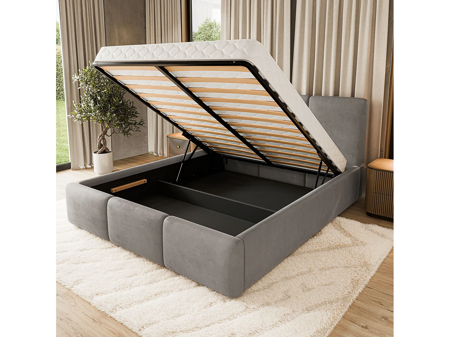 Gestoffeerd bed MORENA 180x200 cm - Fluwelen stof - Grijs