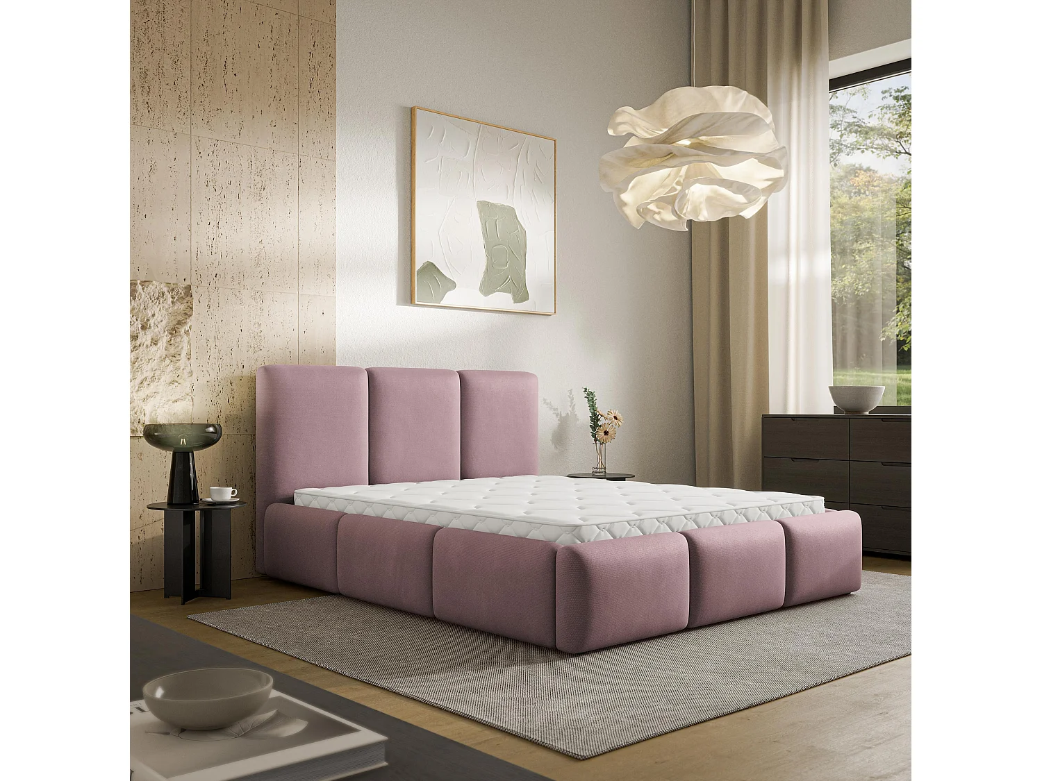 Lit Coffre ARSIL 180x200 cm - Tissu peluche - Rose poudré
