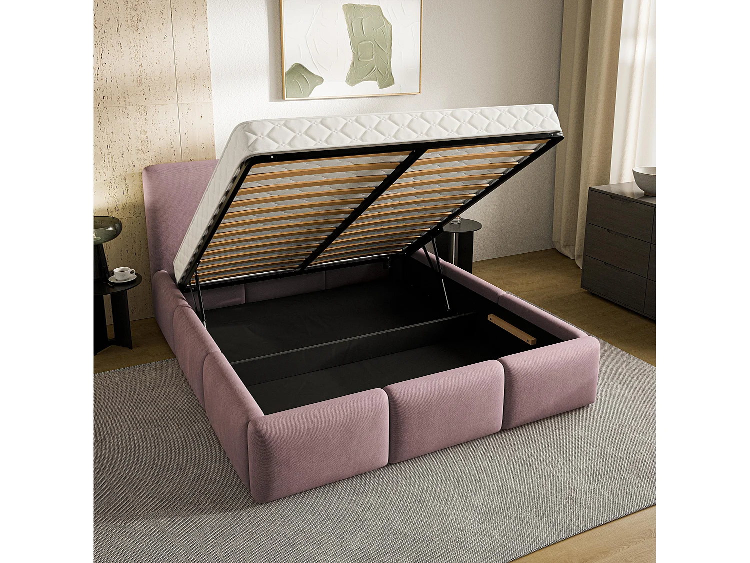 Lit Coffre ARSIL 180x200 cm - Tissu peluche - Rose poudré