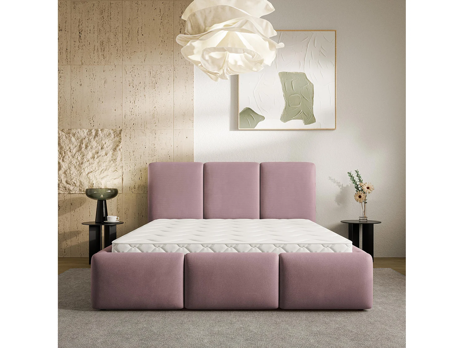 Lit Coffre ARSIL 180x200 cm - Tissu peluche - Rose poudré