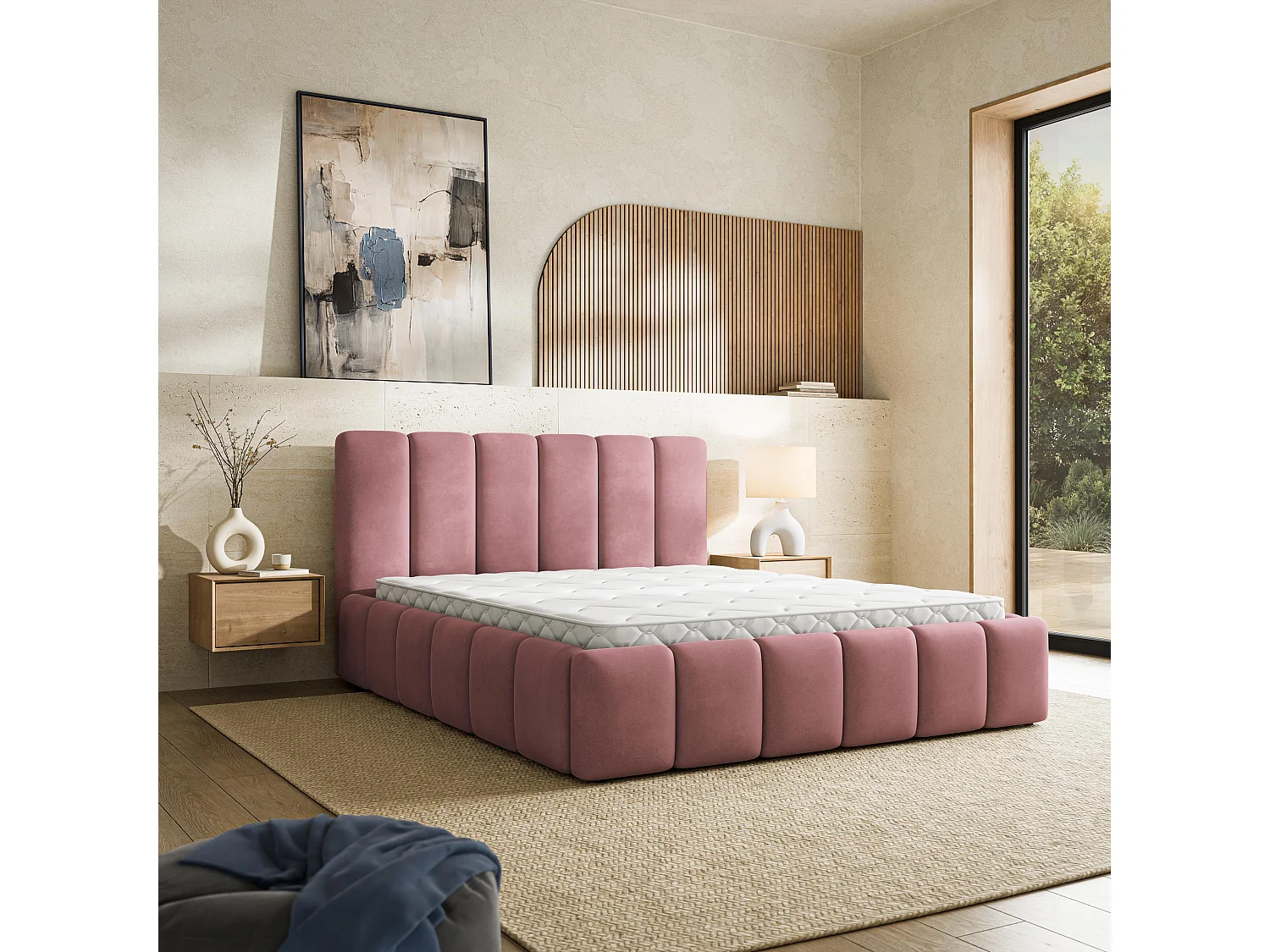 Lit Coffre RANIS 140x200 cm - Tissu velours - Rose