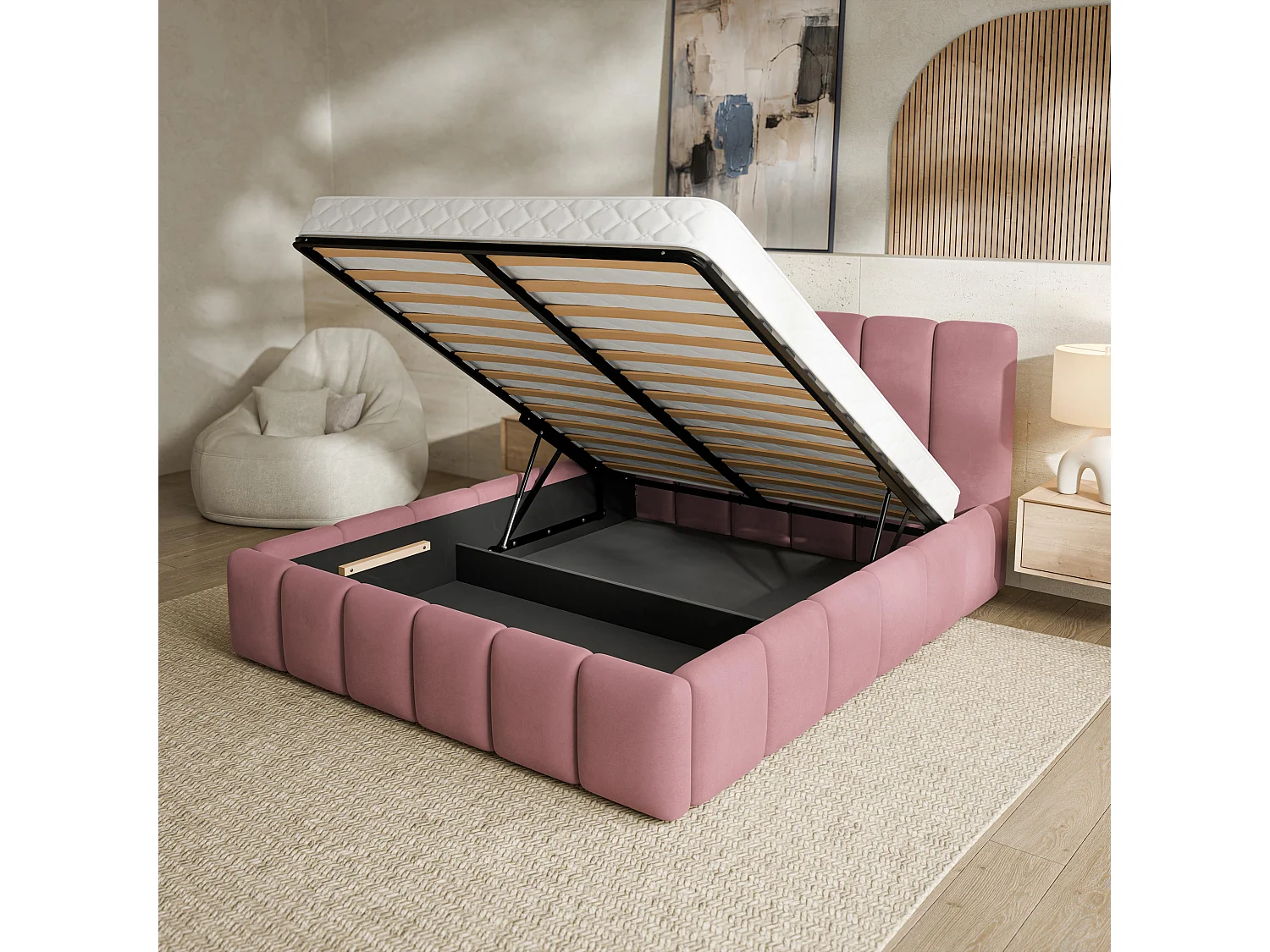 Lit Coffre RANIS 140x200 cm - Tissu velours - Rose