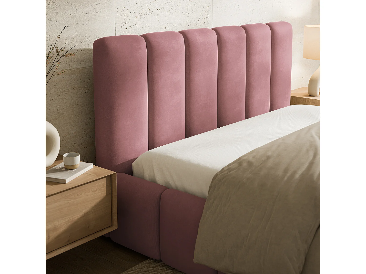Lit Coffre RANIS 140x200 cm - Tissu velours - Rose