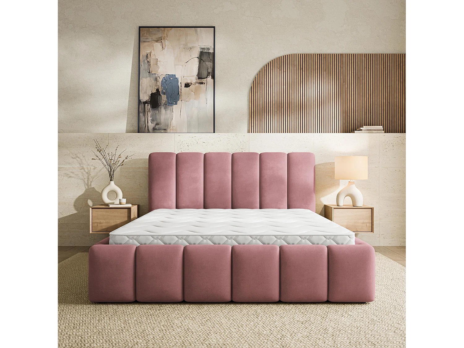 Lit Coffre RANIS 140x200 cm - Tissu velours - Rose