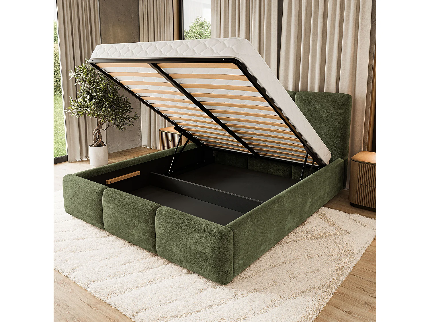 Gestoffeerd bed MORENA 160x200 cm - Chenillestof - Groen
