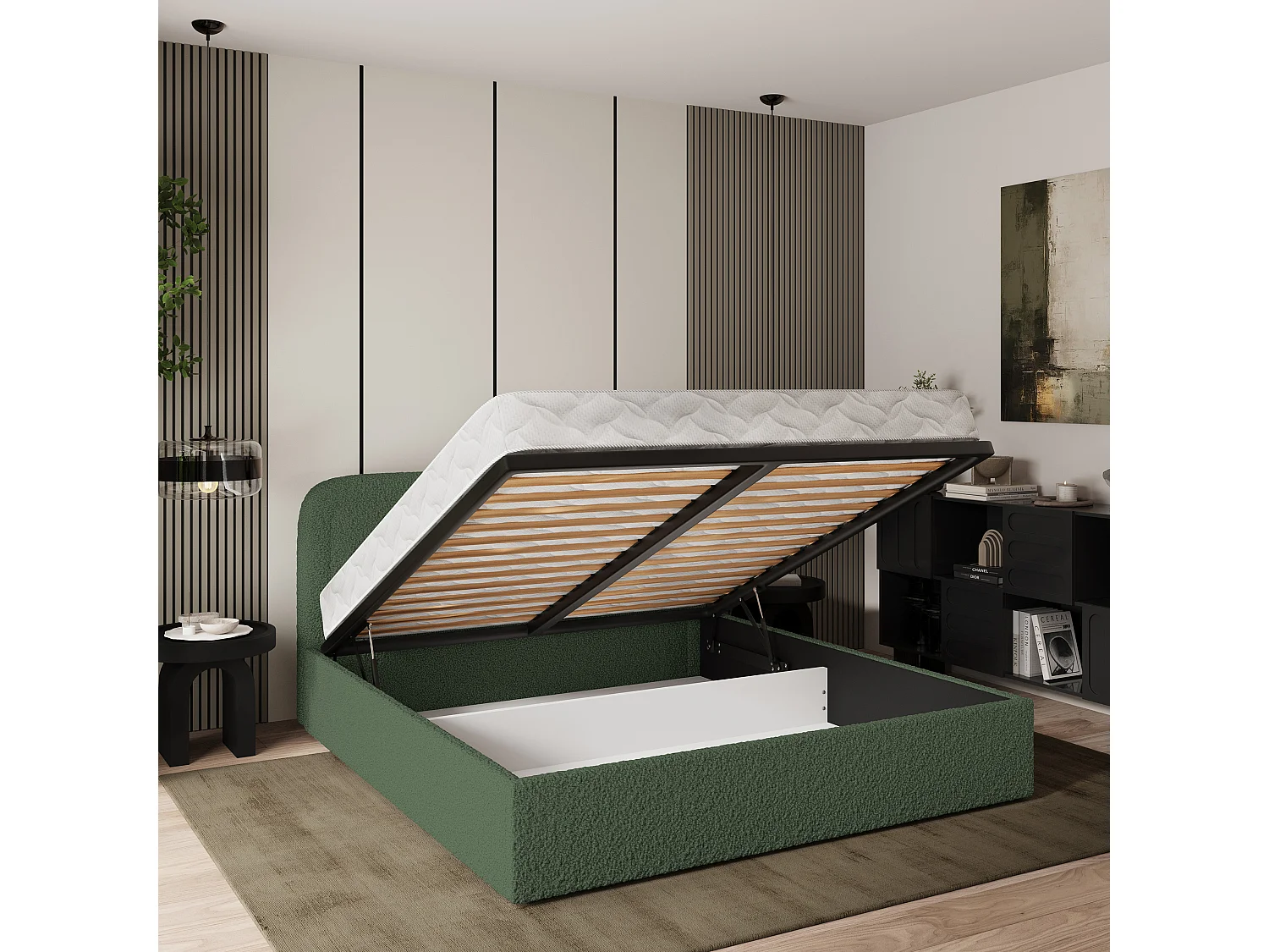 Gestoffeerd bed BENIRA 140x200 cm - Bouclé stof - Groen