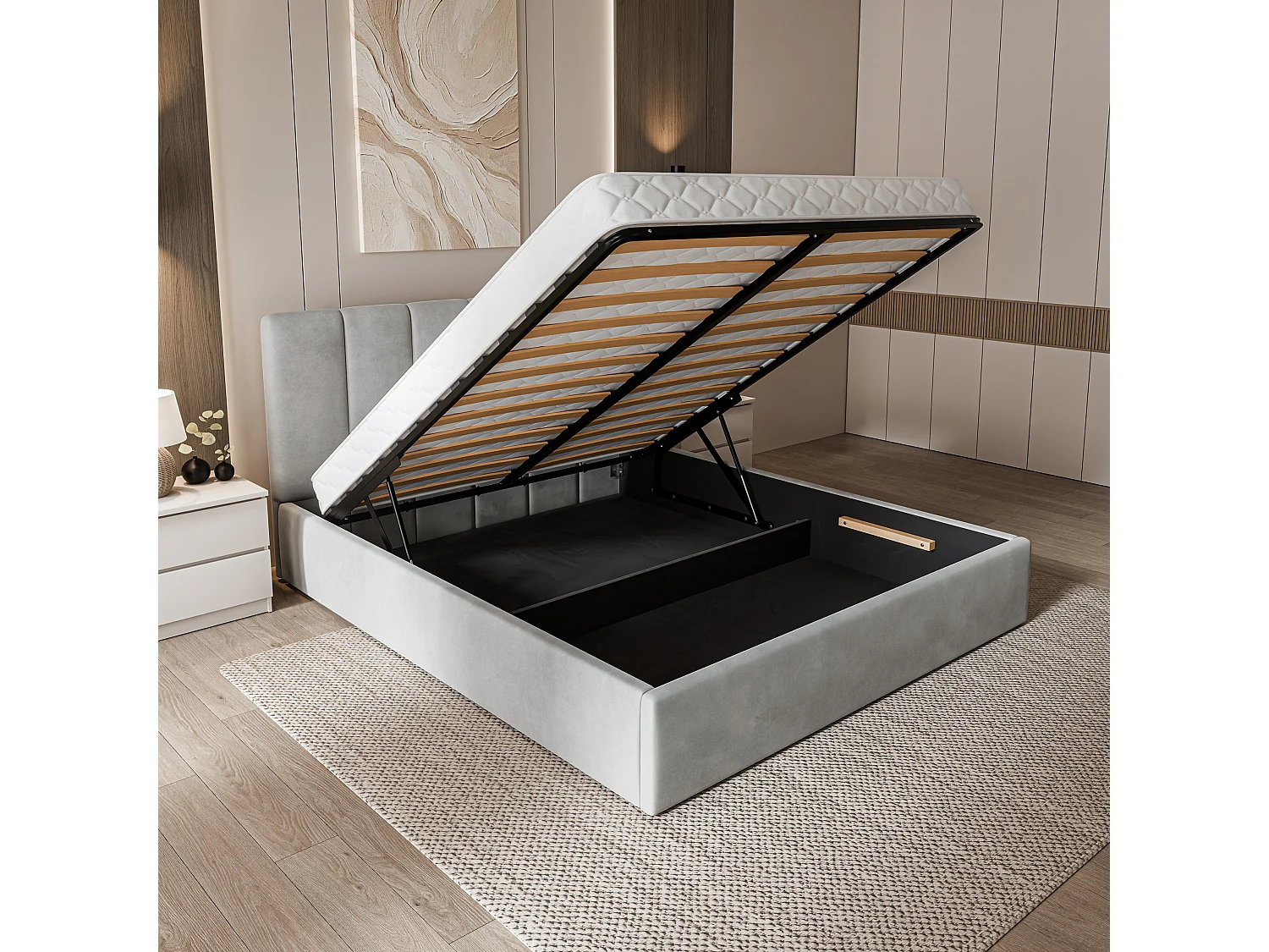 Gestoffeerd bed NEMIS 140x200 cm - Fluwelen stof - Lichtgrijs