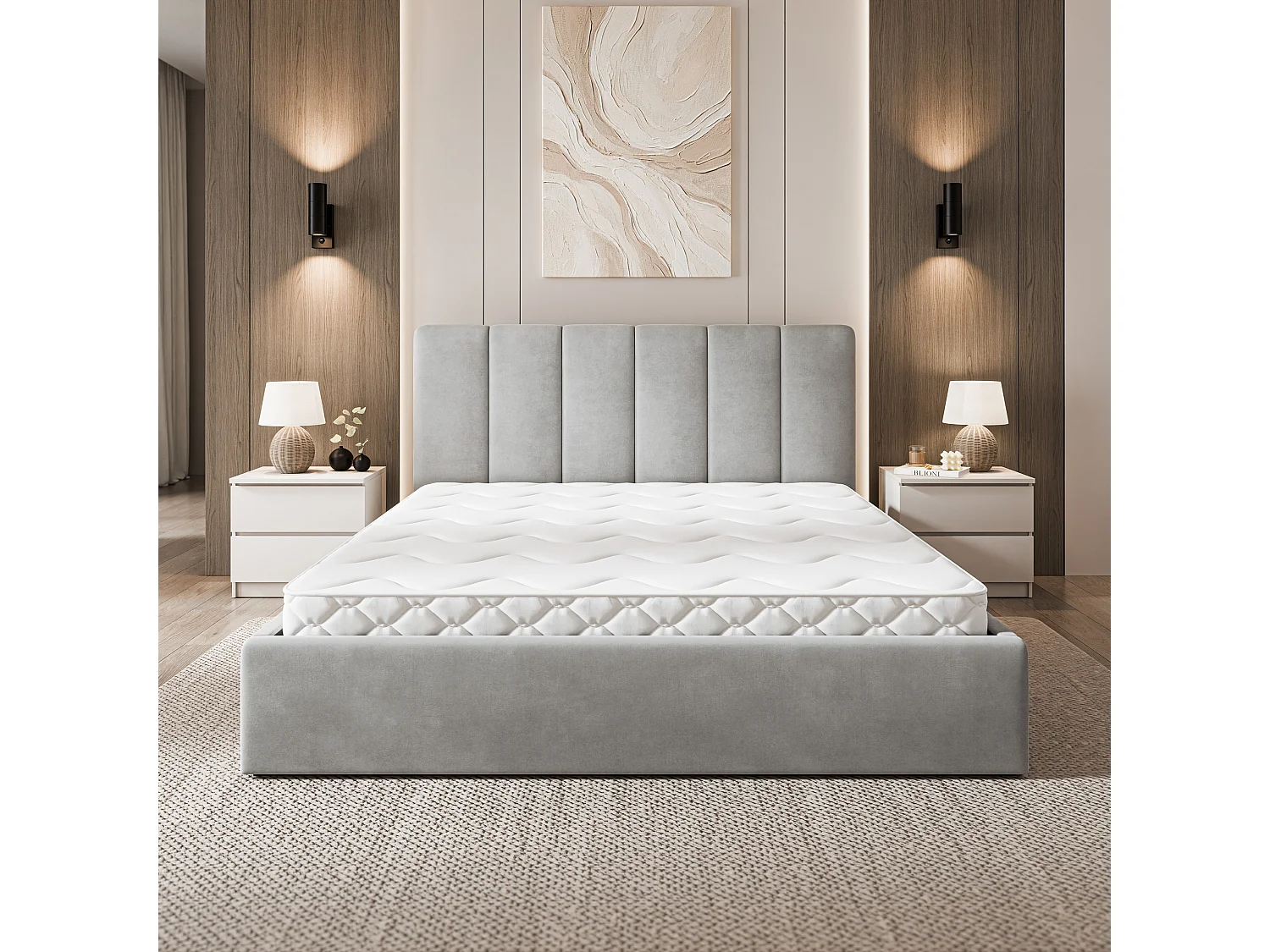 Gestoffeerd bed NEMIS 140x200 cm - Fluwelen stof - Lichtgrijs