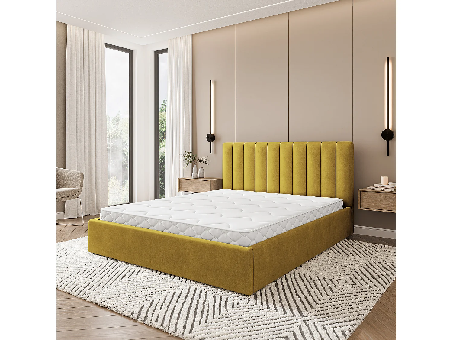 Lit Coffre DEMERA 160x200 cm - Tissu velours - Jaune