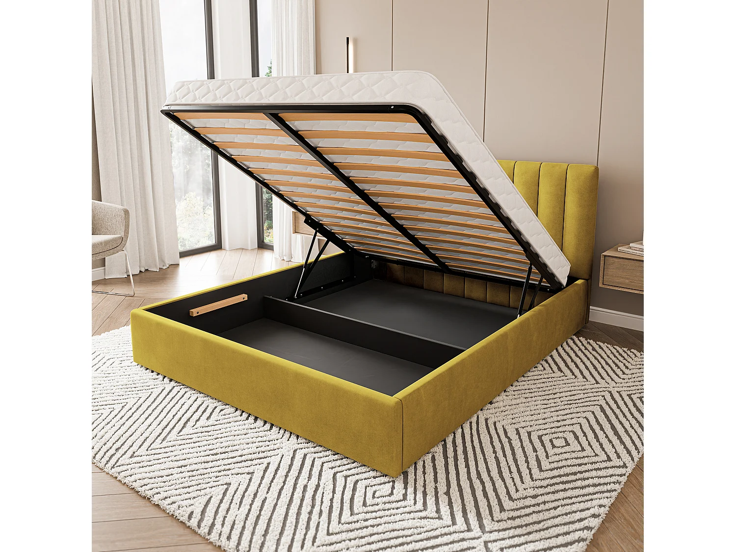 Lit Coffre DEMERA 160x200 cm - Tissu velours - Jaune