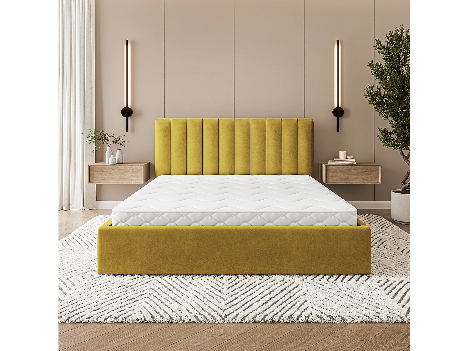 Lit Coffre DEMERA 160x200 cm - Tissu velours - Jaune