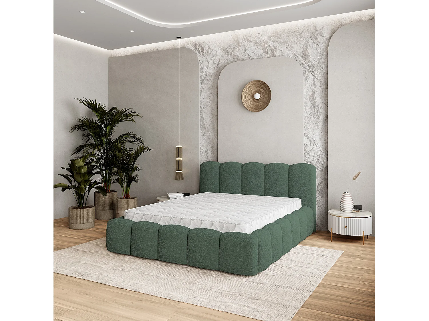 Gestoffeerd bed FALINA 160x200 cm - Bouclé stof - Groen