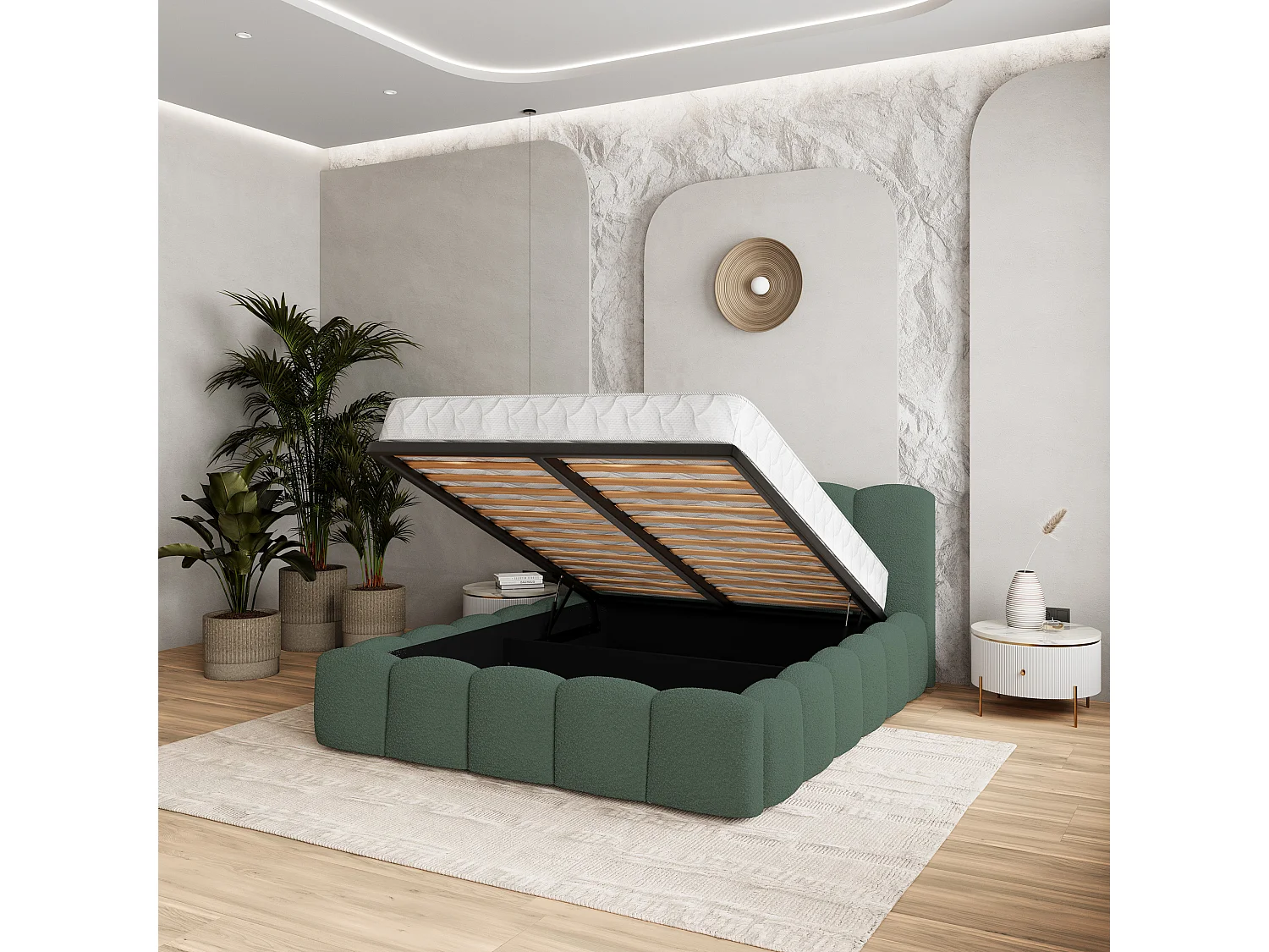 Gestoffeerd bed FALINA 160x200 cm - Bouclé stof - Groen