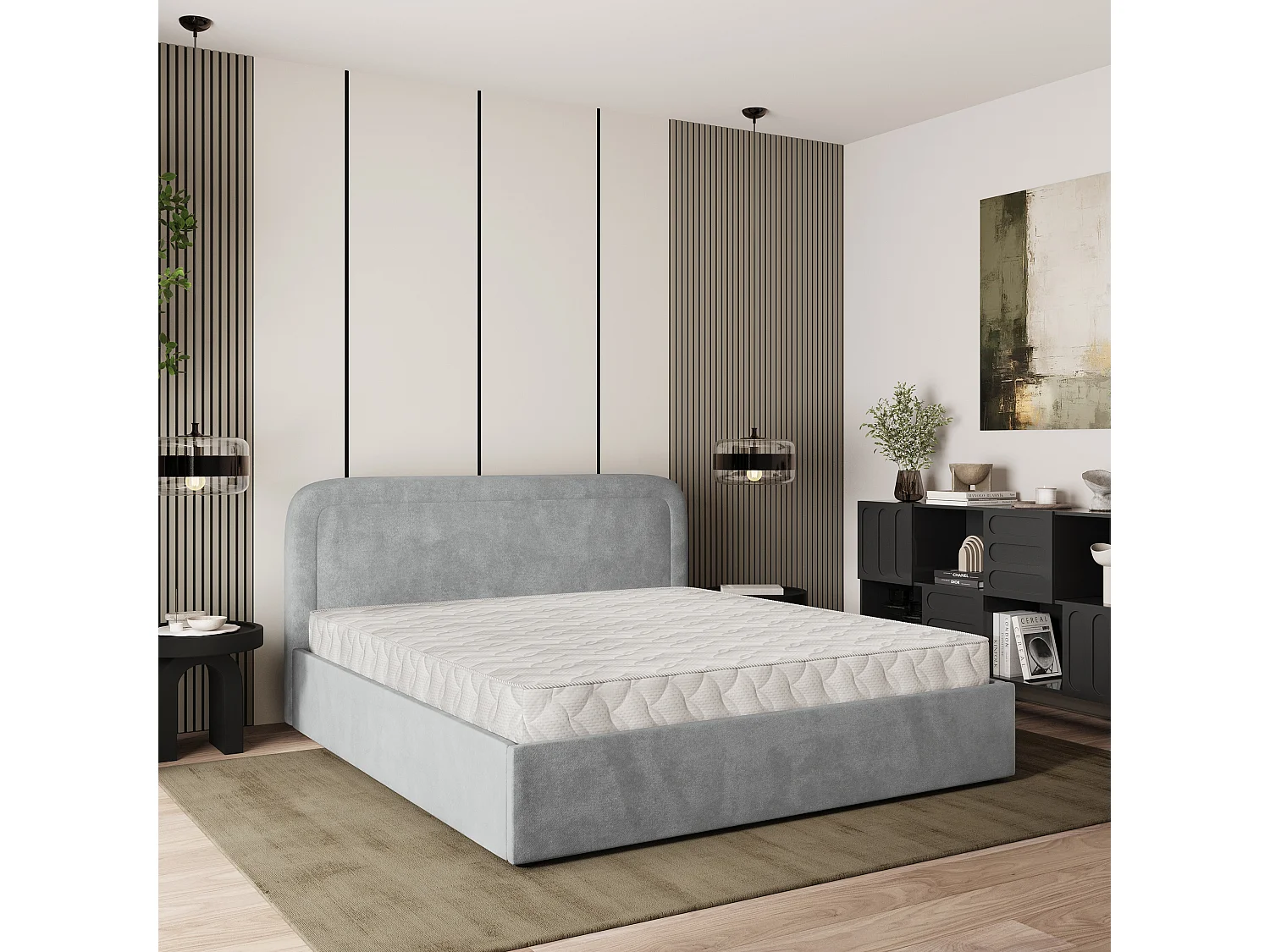 Gestoffeerd bed BENIRA 180x200 cm - Pluche stof - Lichtgrijs