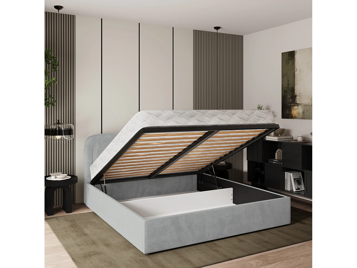 Gestoffeerd bed BENIRA 180x200 cm - Pluche stof - Lichtgrijs