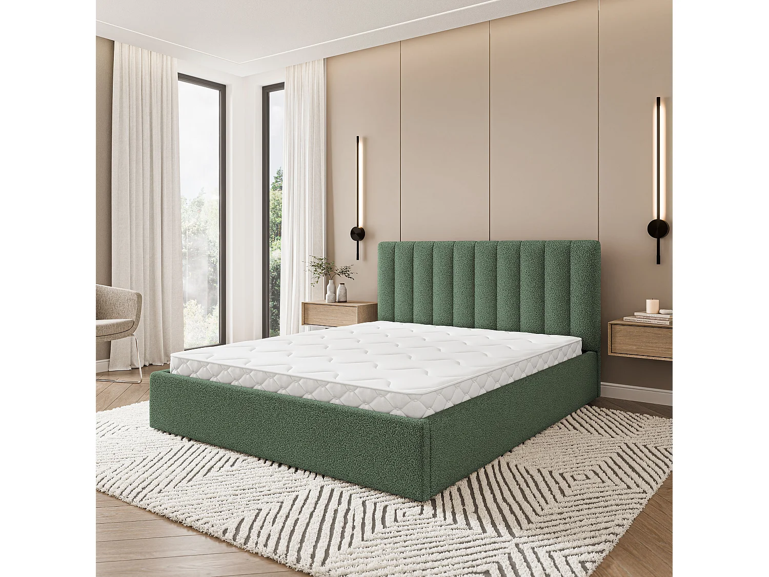 Gestoffeerd bed DEMERA 160x200 cm - Bouclé stof - Groen