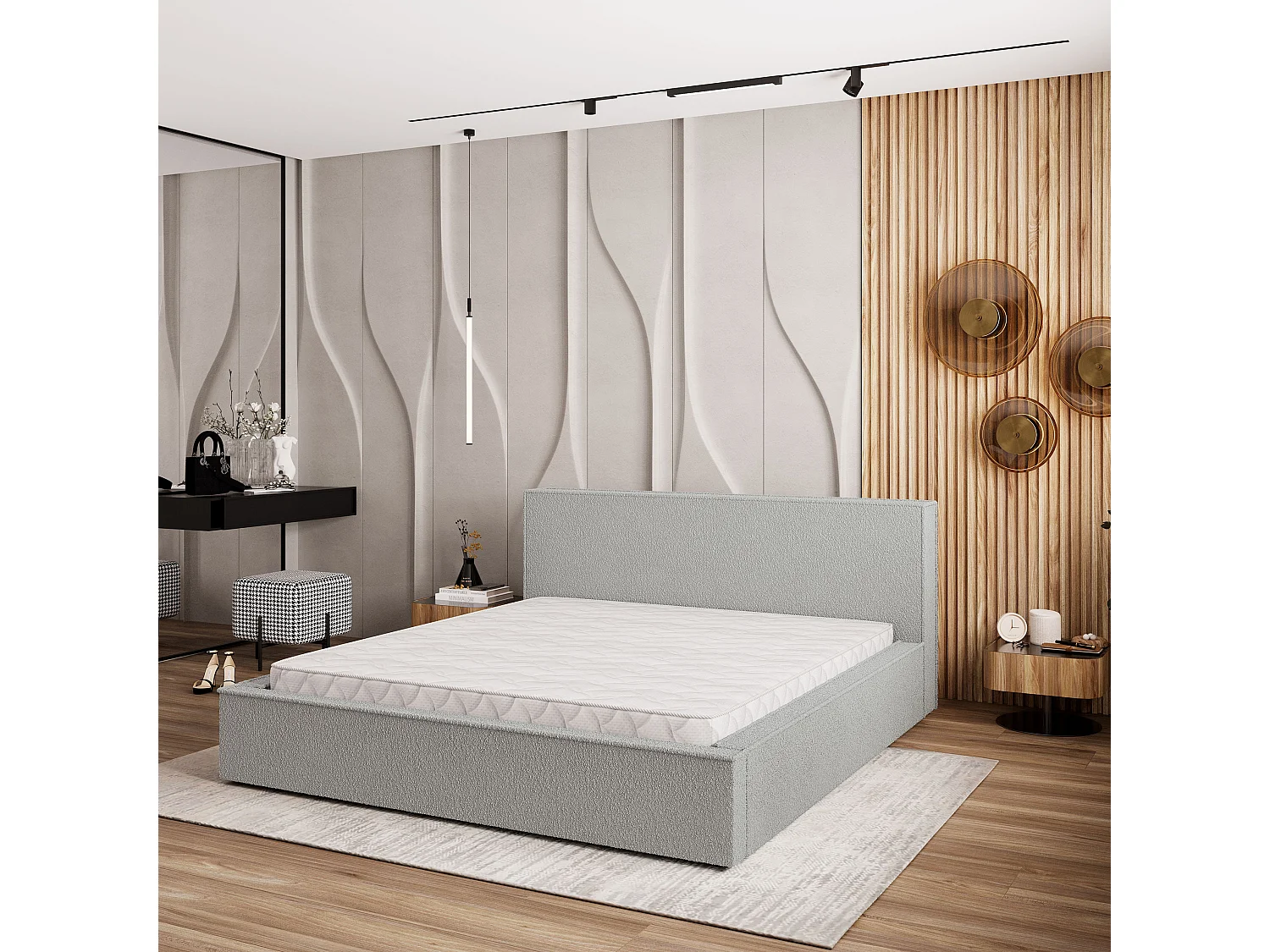 Gestoffeerd bed CELORA 180x200 cm - Bouclé stof - Lichtgrijs