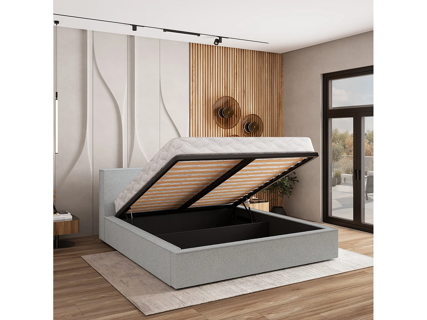 Gestoffeerd bed CELORA 180x200 cm - Bouclé stof - Lichtgrijs