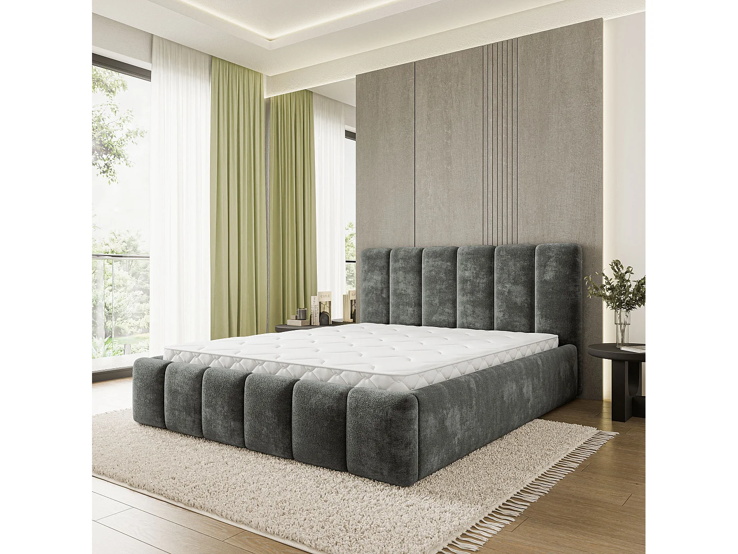 Gestoffeerd bed ATTORA 140x200 cm - Chenillestof - Grijs