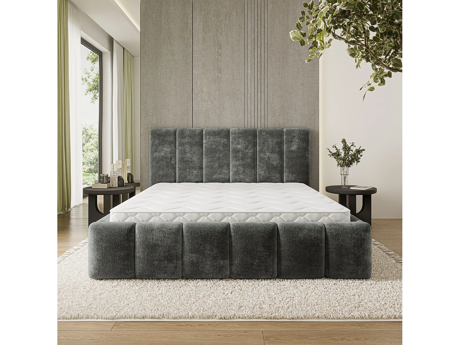 Gestoffeerd bed ATTORA 140x200 cm - Chenillestof - Grijs
