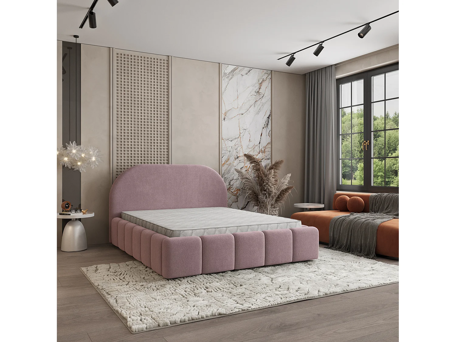 Lit Coffre FLUSSO 200x200 cm - Tissu tissé - Rose poudré
