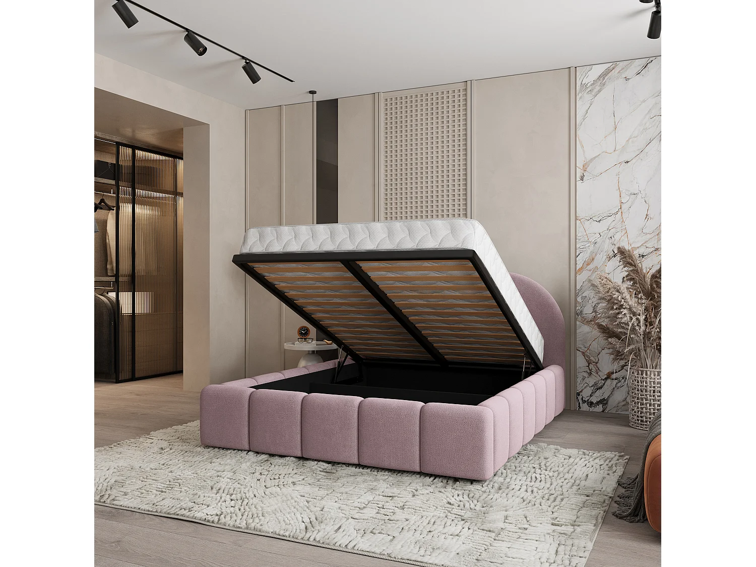 Lit Coffre FLUSSO 200x200 cm - Tissu tissé - Rose poudré