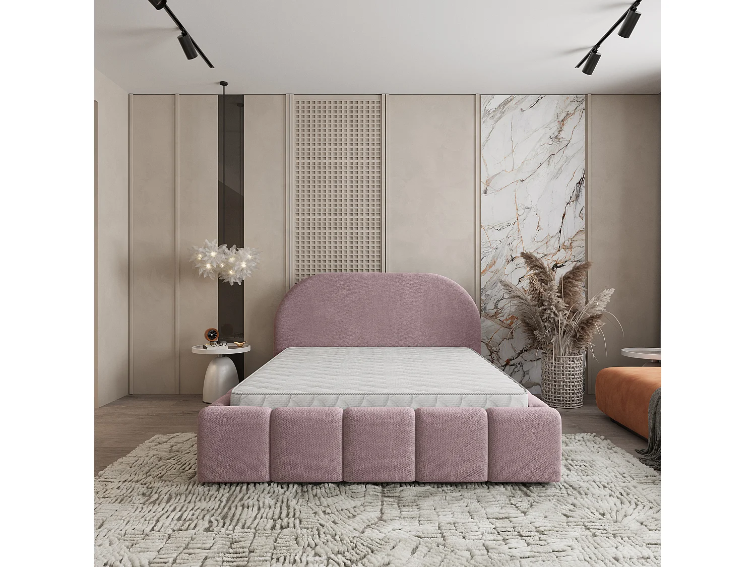 Lit Coffre FLUSSO 200x200 cm - Tissu tissé - Rose poudré