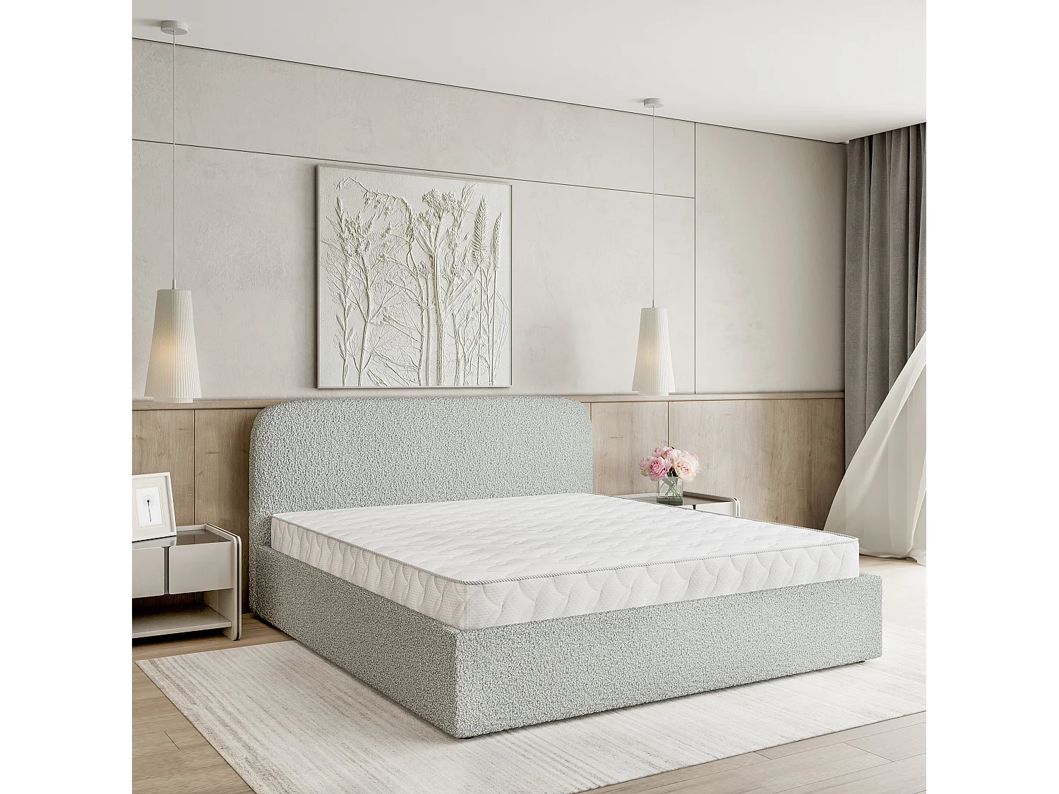 Gestoffeerd bed RENIVE 180x200 cm - Bouclé stof - Lichtgrijs