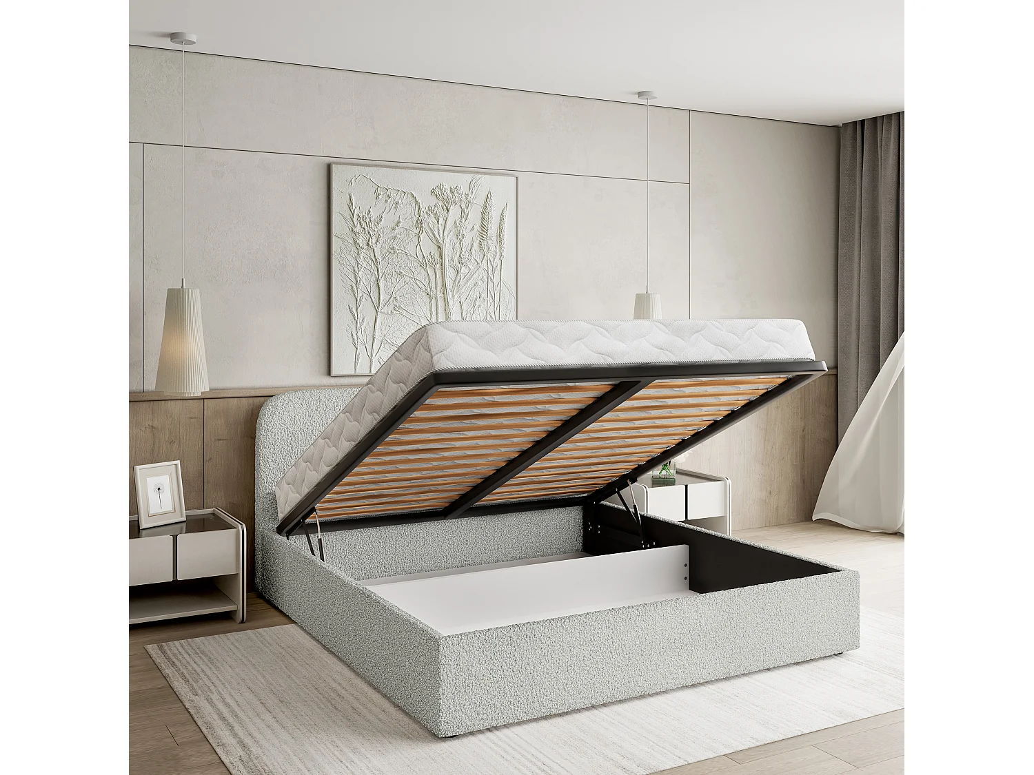 Gestoffeerd bed RENIVE 180x200 cm - Bouclé stof - Lichtgrijs