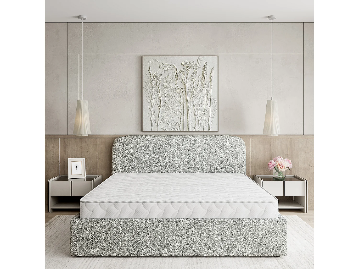Gestoffeerd bed RENIVE 180x200 cm - Bouclé stof - Lichtgrijs