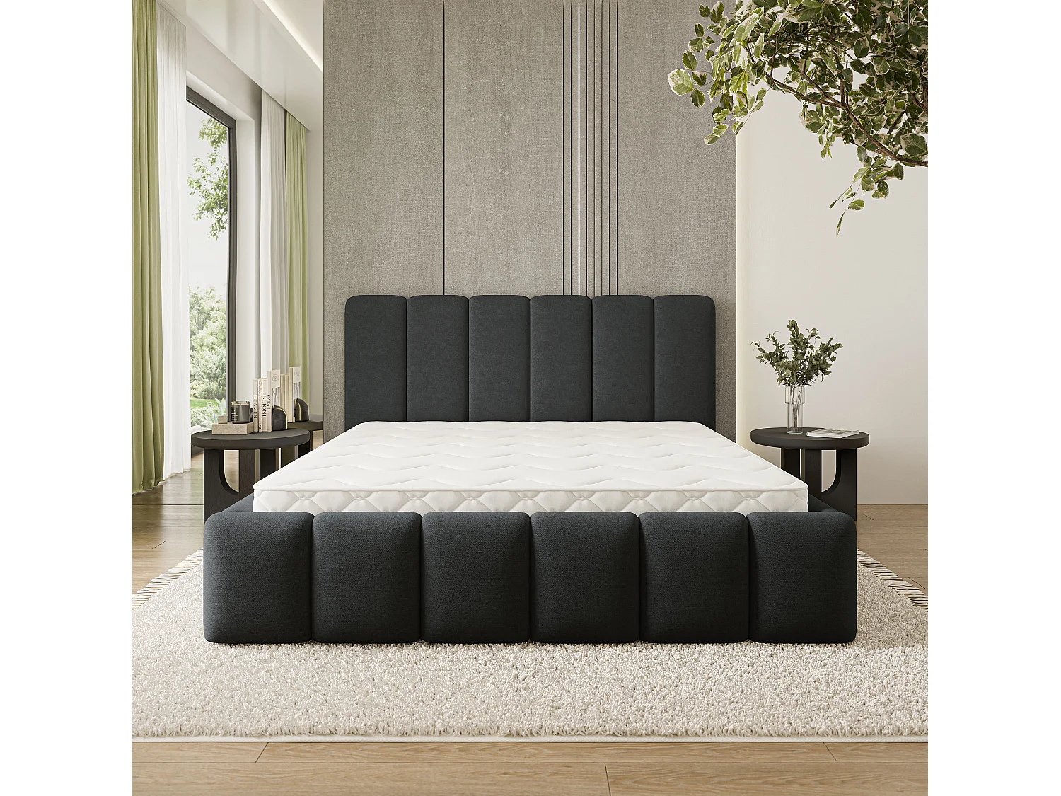 Gestoffeerd bed ATTORA 180x200 cm - Geweven stof - Zwart