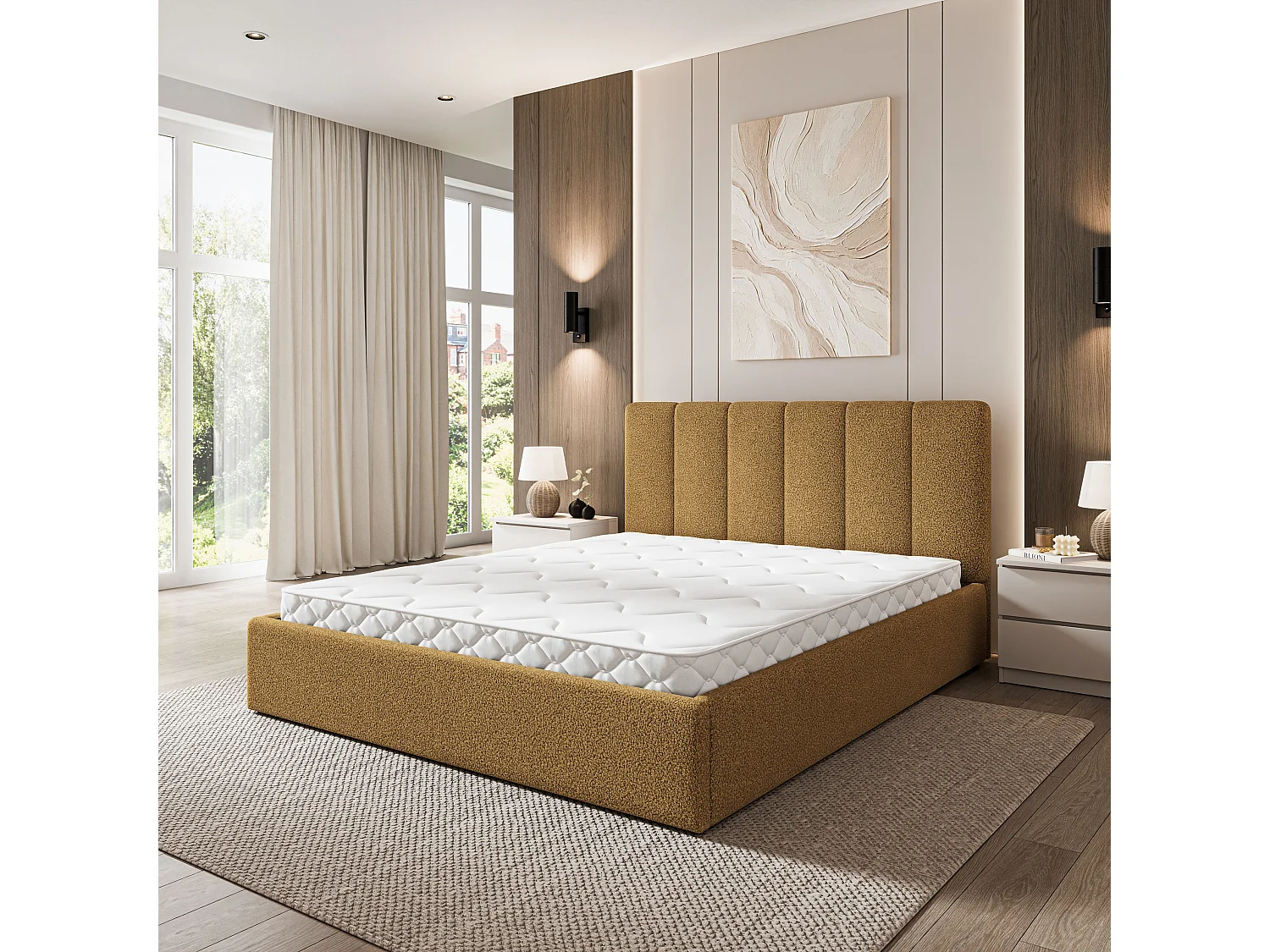 Lit Coffre NEMIS 180x200 cm - Tissu bouclé - Miel