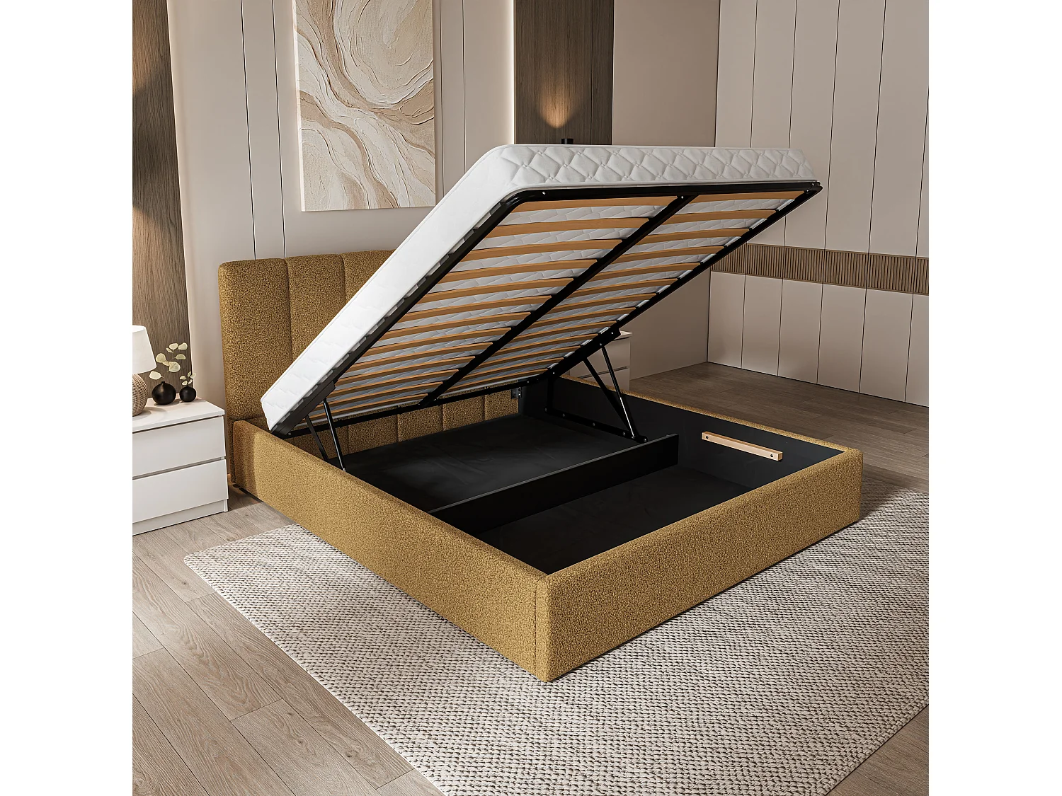 Lit Coffre NEMIS 180x200 cm - Tissu bouclé - Miel