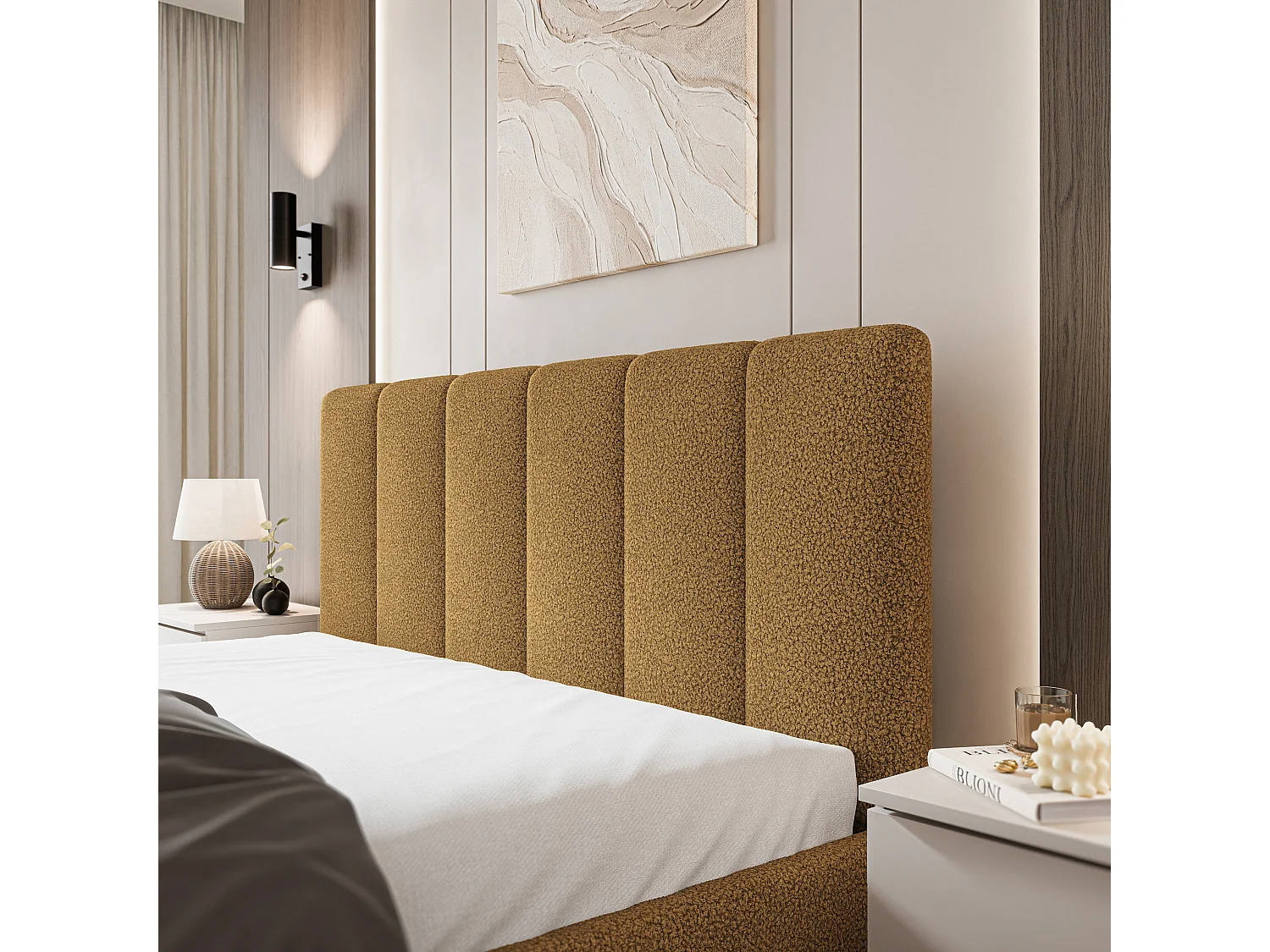 Lit Coffre NEMIS 180x200 cm - Tissu bouclé - Miel