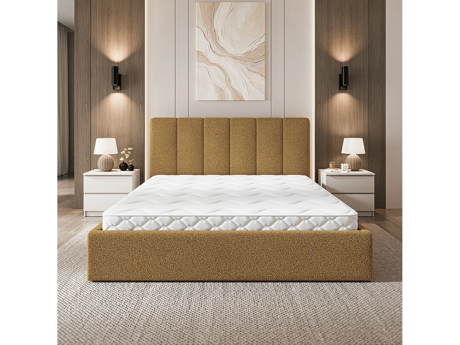 Lit Coffre NEMIS 180x200 cm - Tissu bouclé - Miel